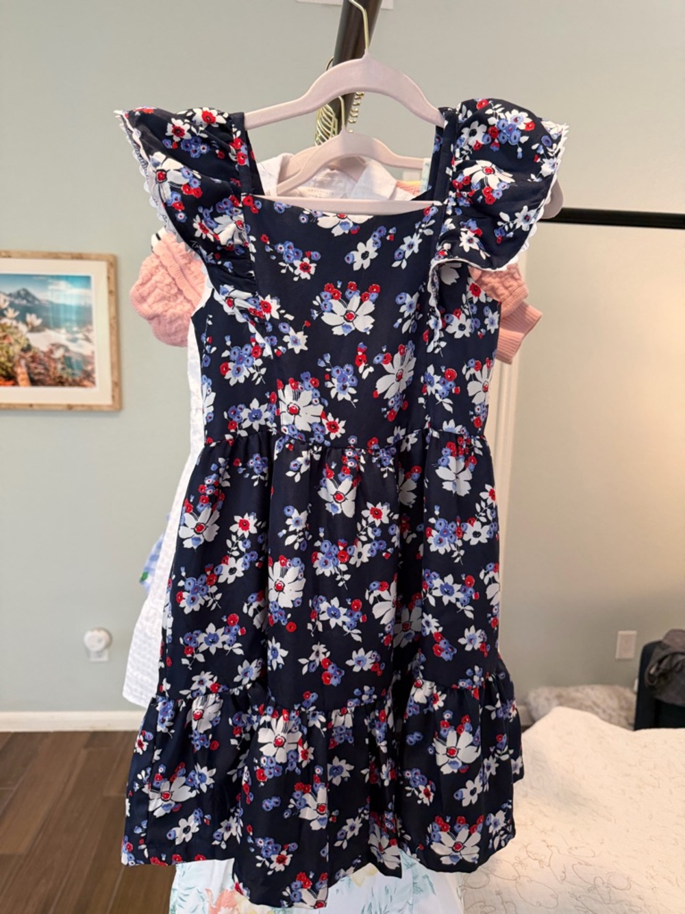 Janie and Jack Navy Floral Ruffle Dress with Red & White Accents